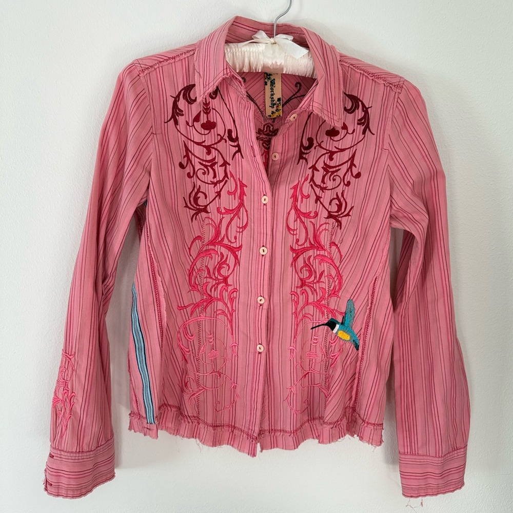 Johnny Was 3J Workshop Pink Striped Embroidered Button Down Shirt